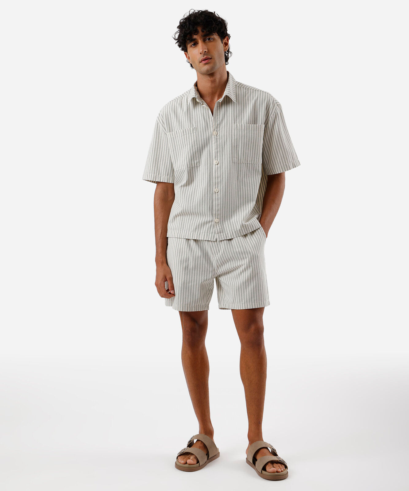 short reto masculino de algodão cós elástico listrado verde