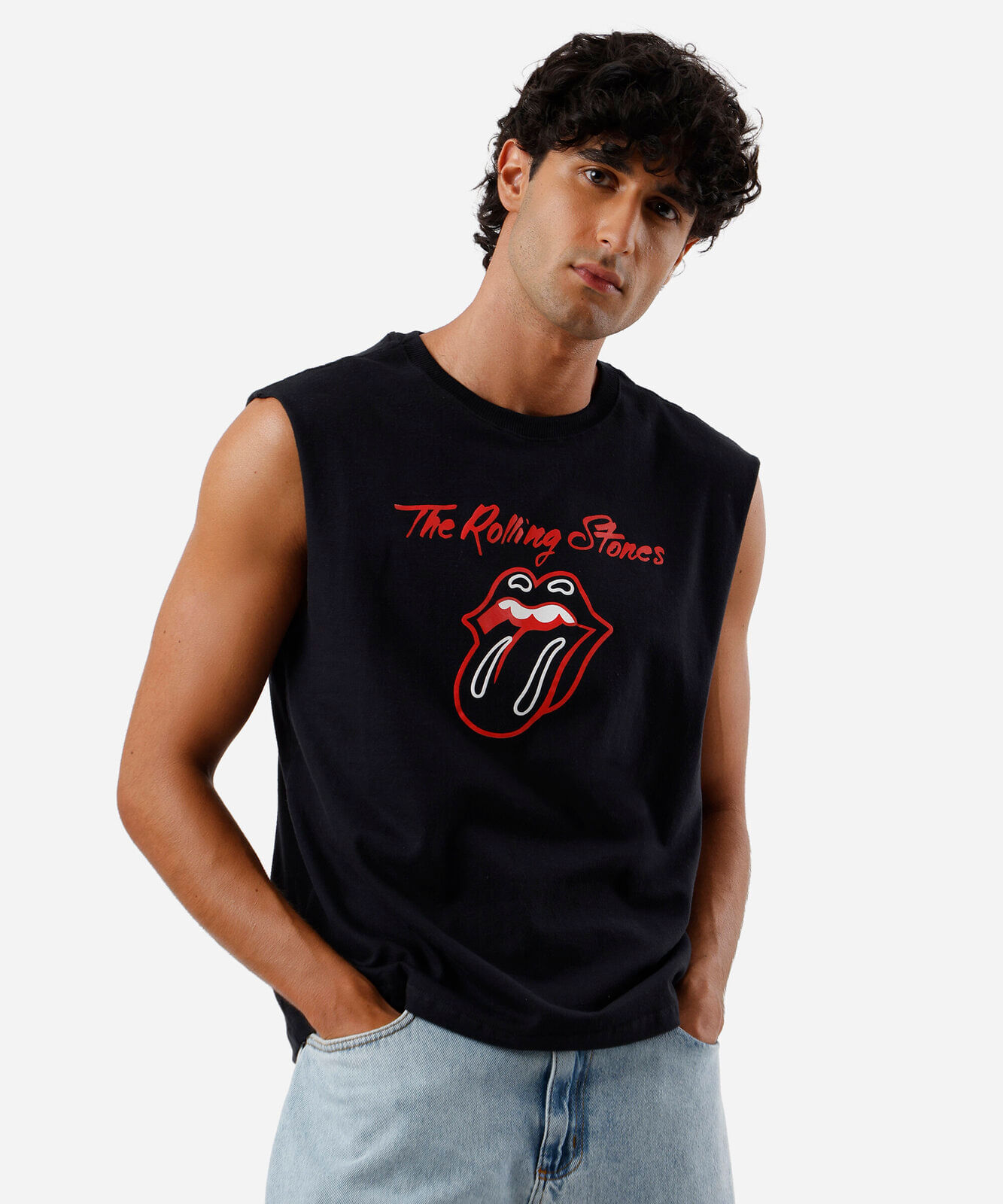 regata machão masculina de algodão rolling stones preta