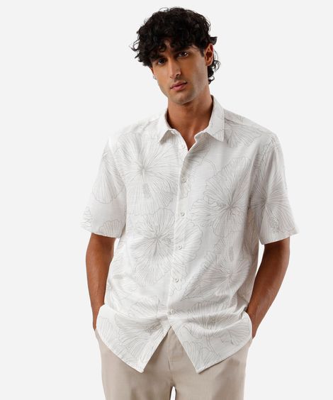 camisa masculina com viscose floral off white