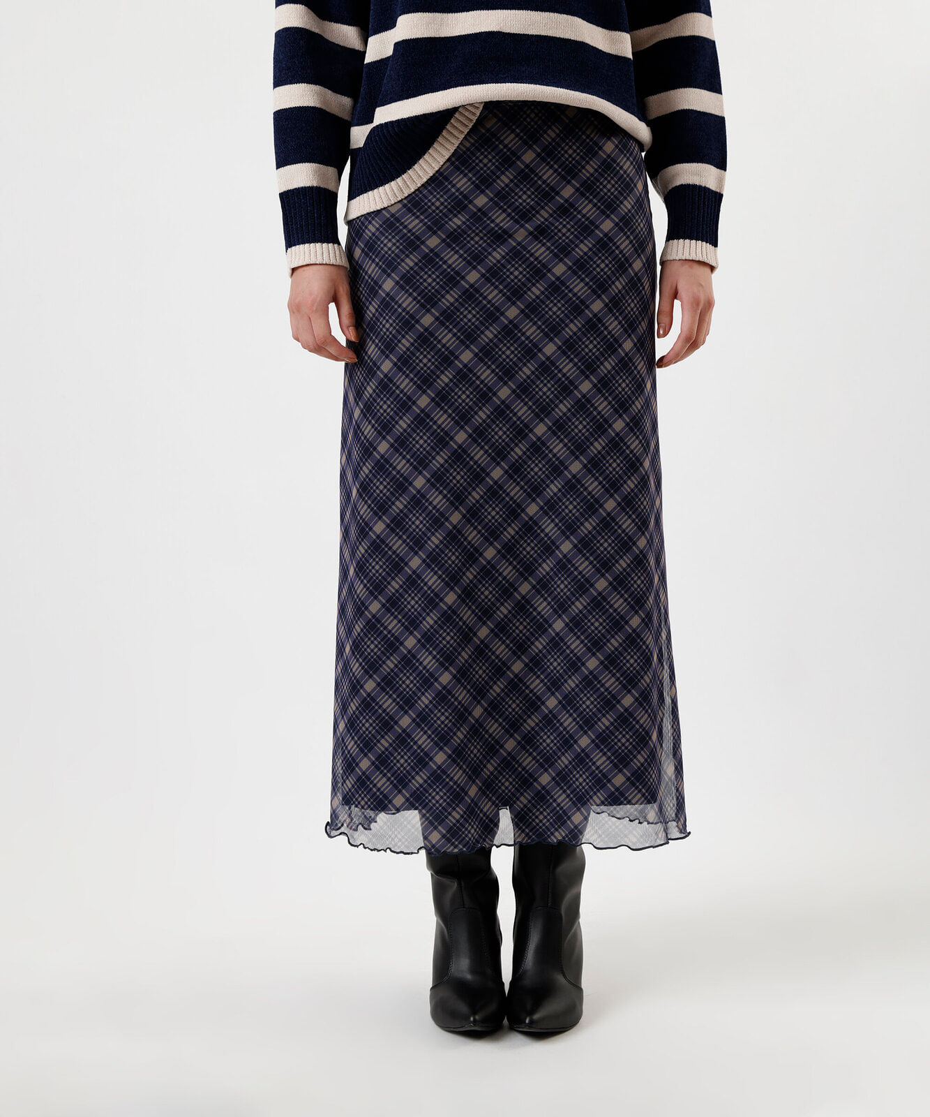 saia midi feminina de tule xadrez azul