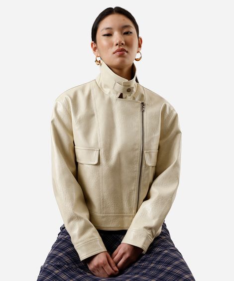 jaqueta feminina de poliuretano com bolsos oversized off white