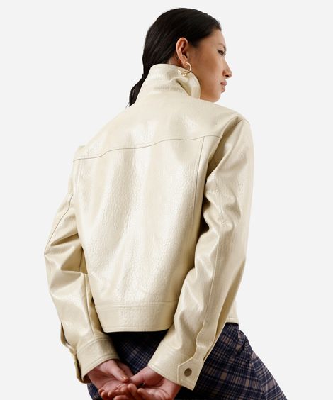 jaqueta feminina de poliuretano com bolsos oversized off white