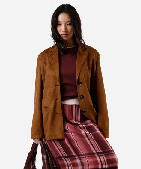 blazer alongado feminino de suede marrom