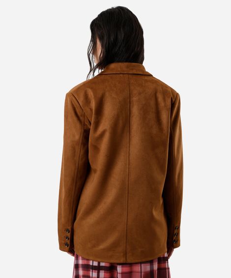 blazer alongado feminino de suede marrom