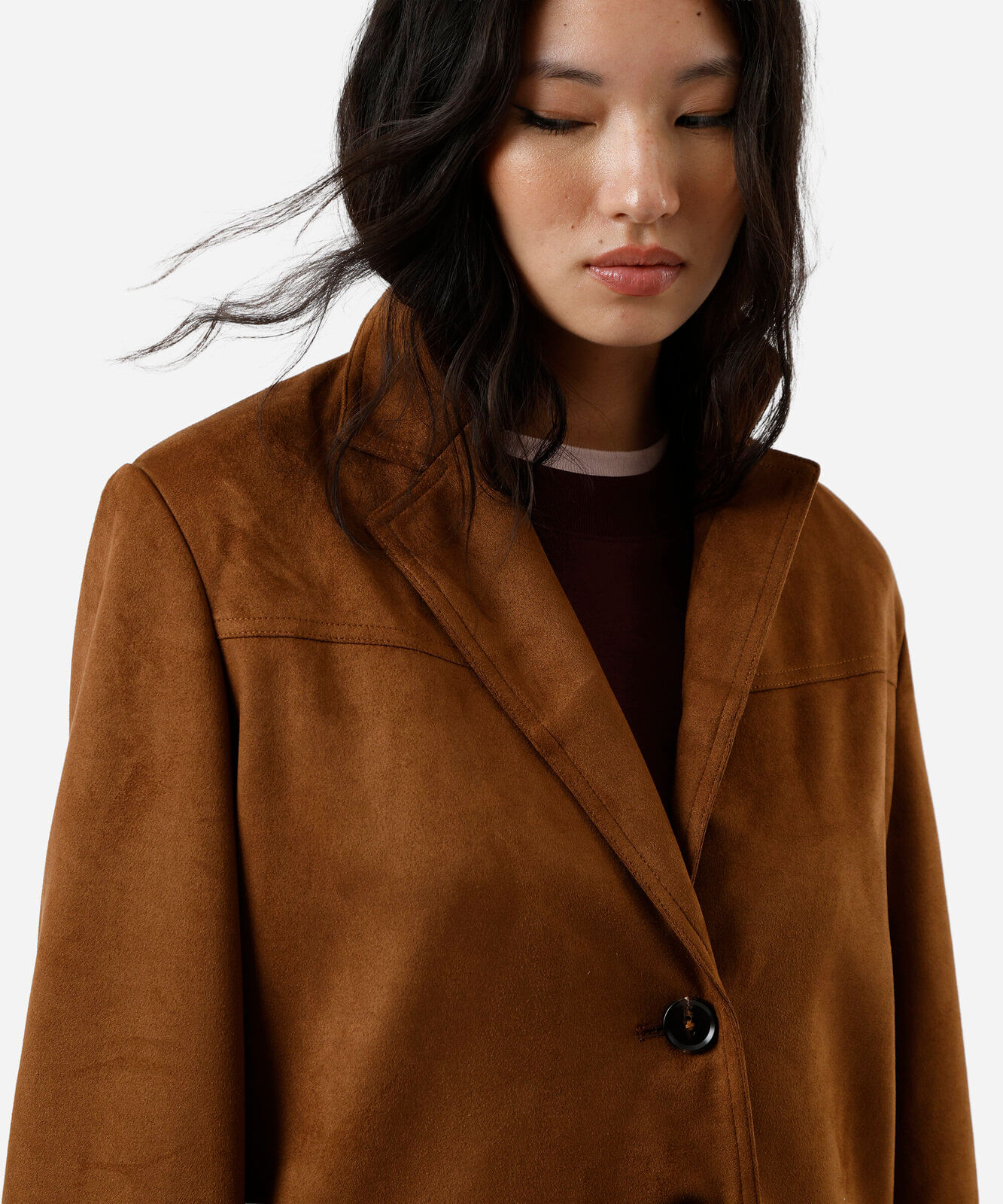 blazer alongado feminino de suede marrom