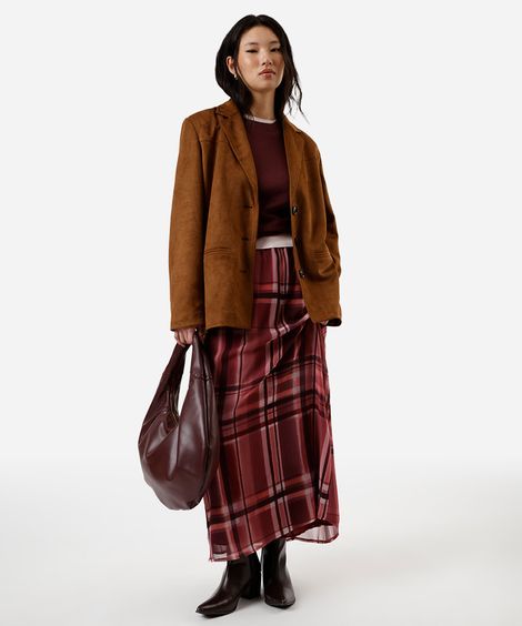 saia midi evasê feminina de chiffon xadrez vinho