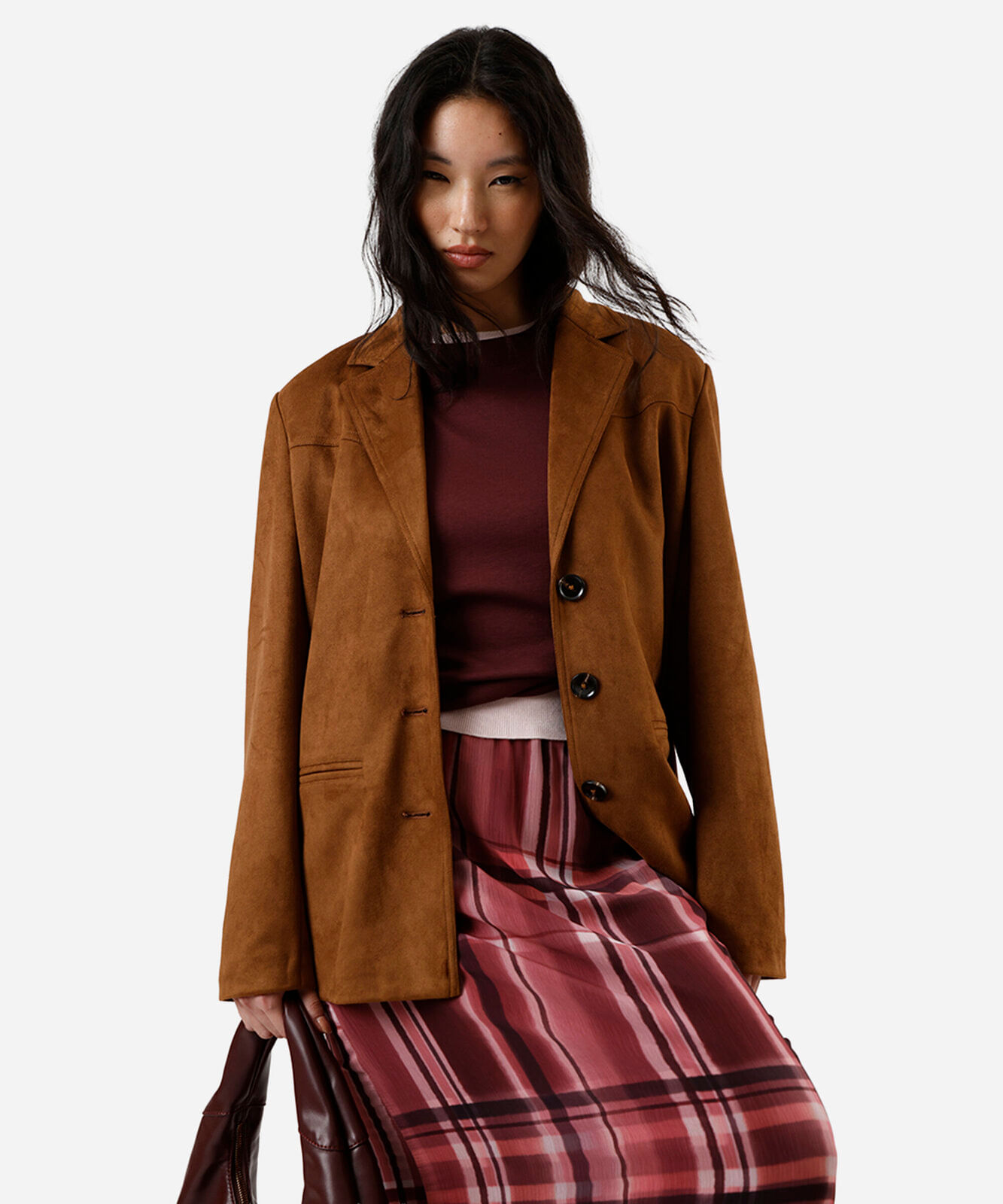 saia midi evasê feminina de chiffon xadrez vinho