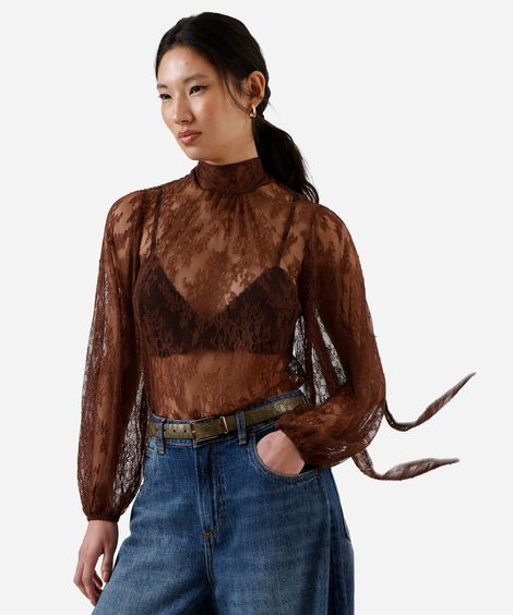 bata feminina de renda com gola laço floral marrom