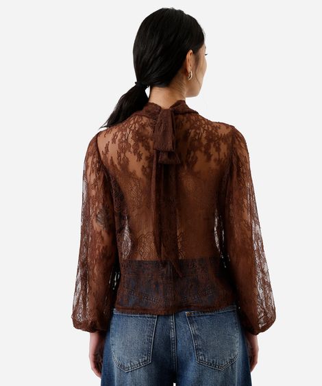 bata feminina de renda com gola laço floral marrom