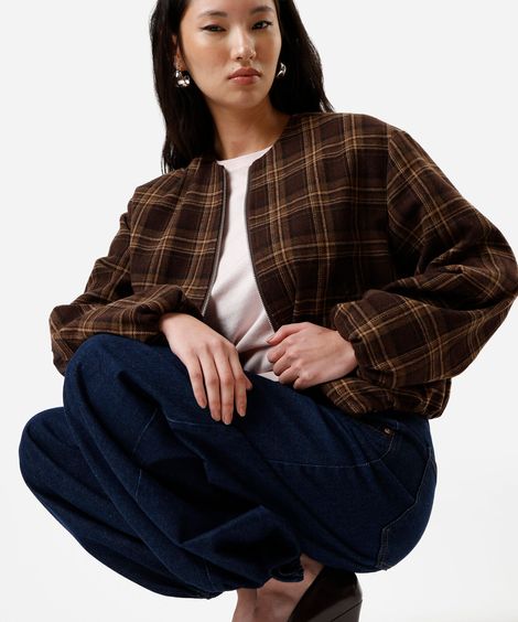 jaqueta bomber feminina com lã xadrez marrom
