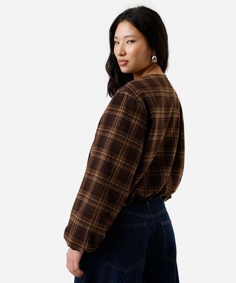 jaqueta bomber feminina com lã xadrez marrom