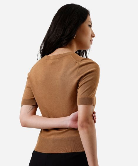 blusa cropped feminina de tricot manga curta marrom