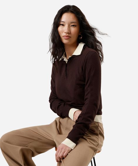 polo básica feminina de tricot manga longa marrom escuro