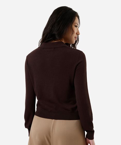 polo básica feminina de tricot manga longa marrom escuro