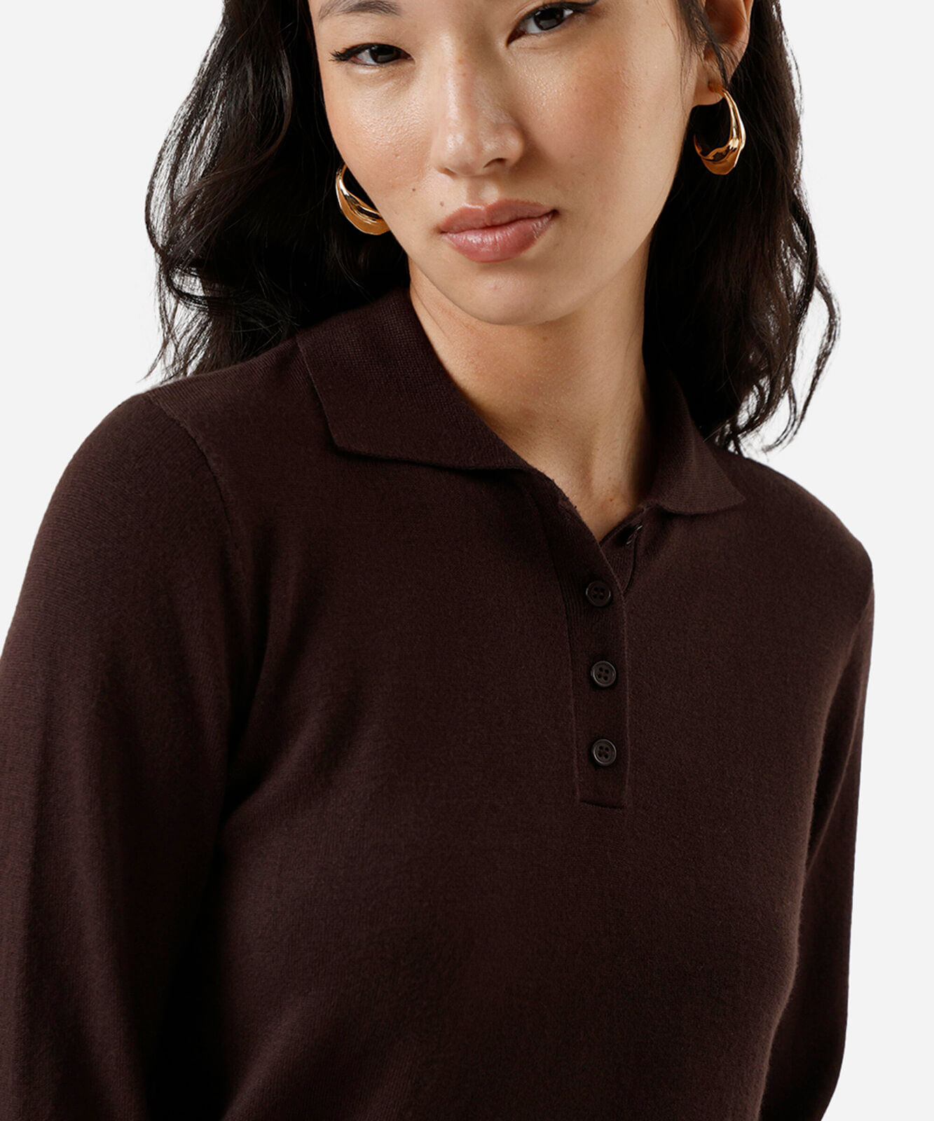 polo básica feminina de tricot manga longa marrom escuro