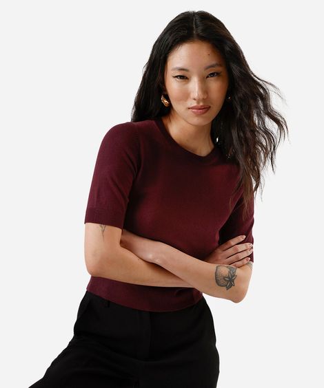 blusa cropped feminina de tricot manga curta vinho