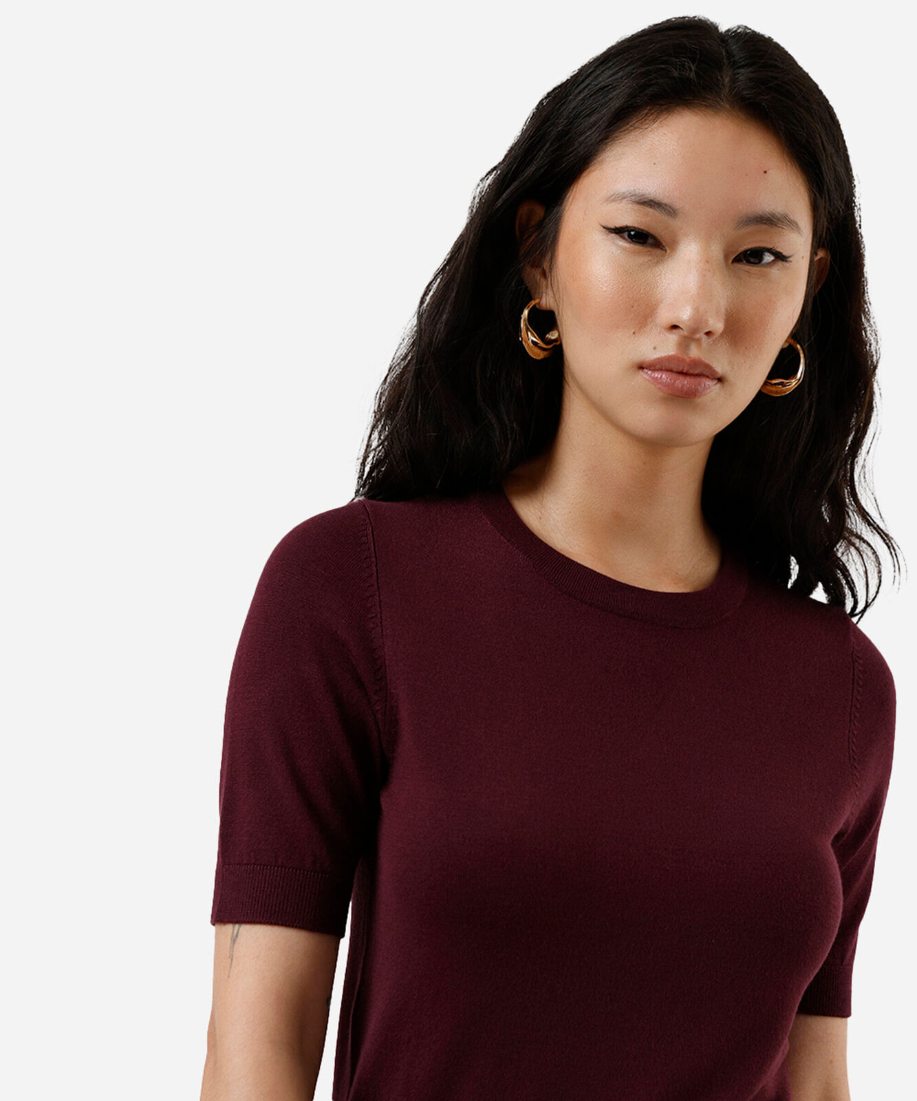 blusa cropped feminina de tricot manga curta vinho