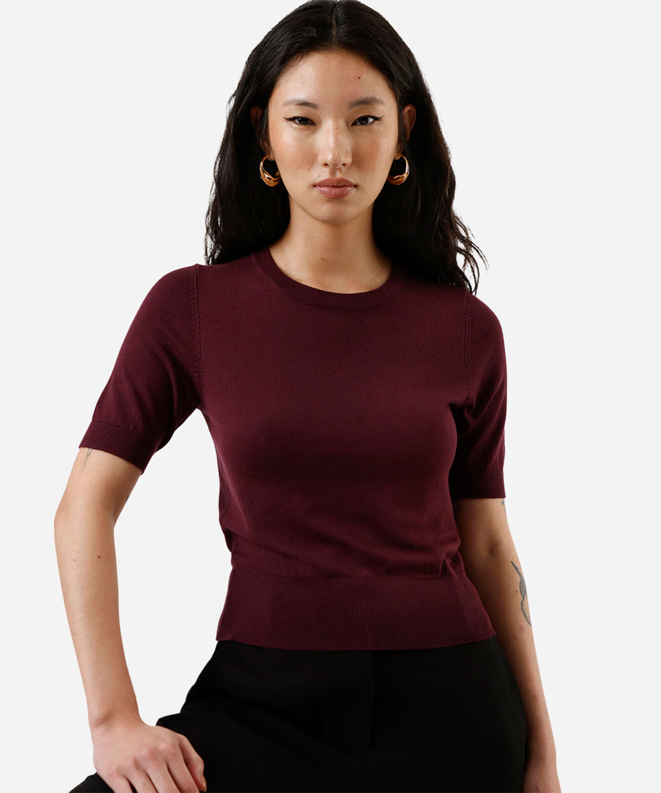 blusa cropped feminina de tricot manga curta vinho
