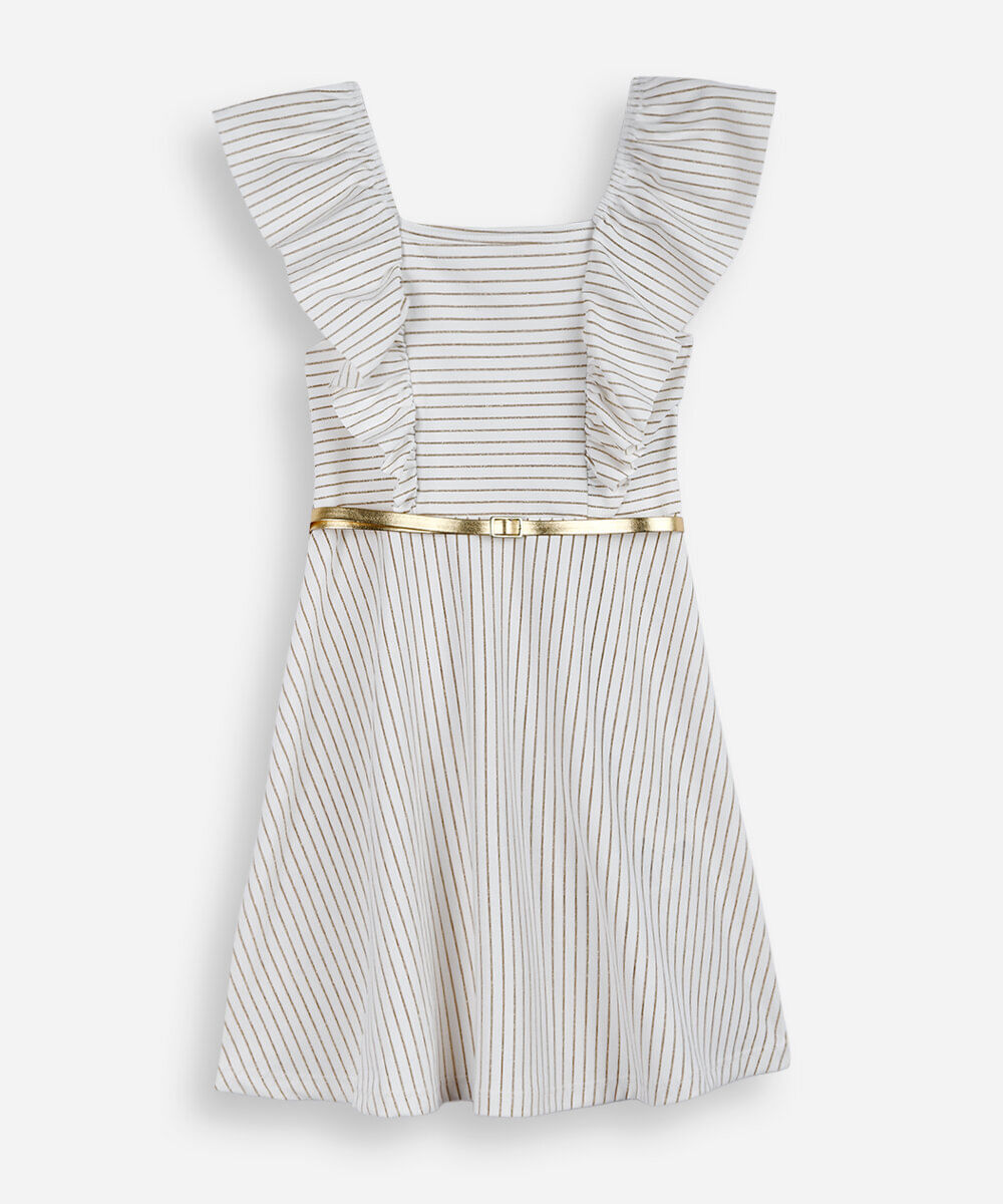 vestido infantil listrado com cinto off white