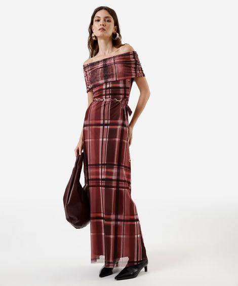 vestido longo feminino de tule ombro a ombro com franzido xadrez vinho