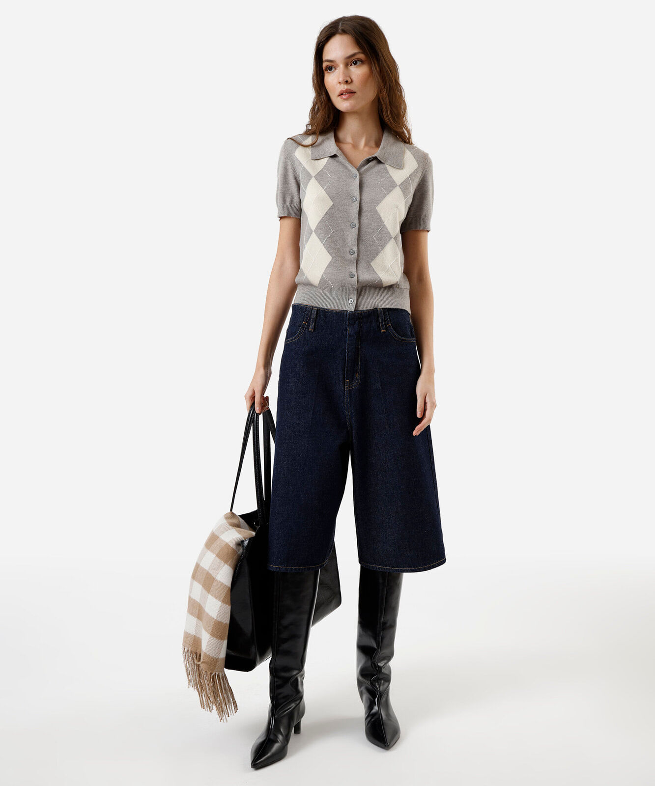 camisa feminina de tricot xadrez argyle cinza