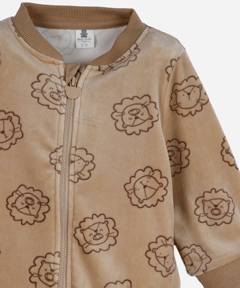 casaco infantil de plush leão bege