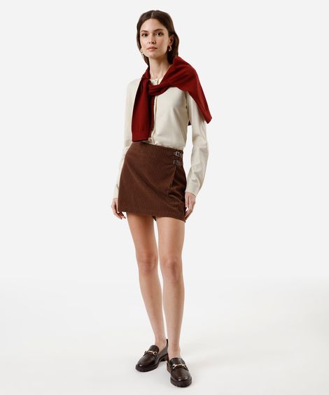 saia curta feminina com fivelas texturizada marrom