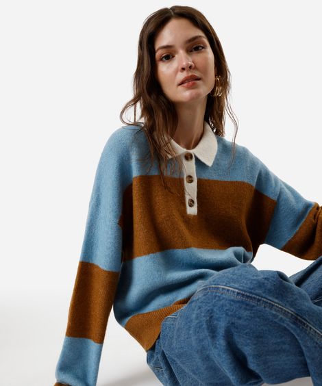 suéter feminino de tricot com gola manga longa listrado marrom