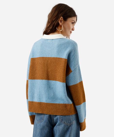 suéter feminino de tricot com gola manga longa listrado marrom