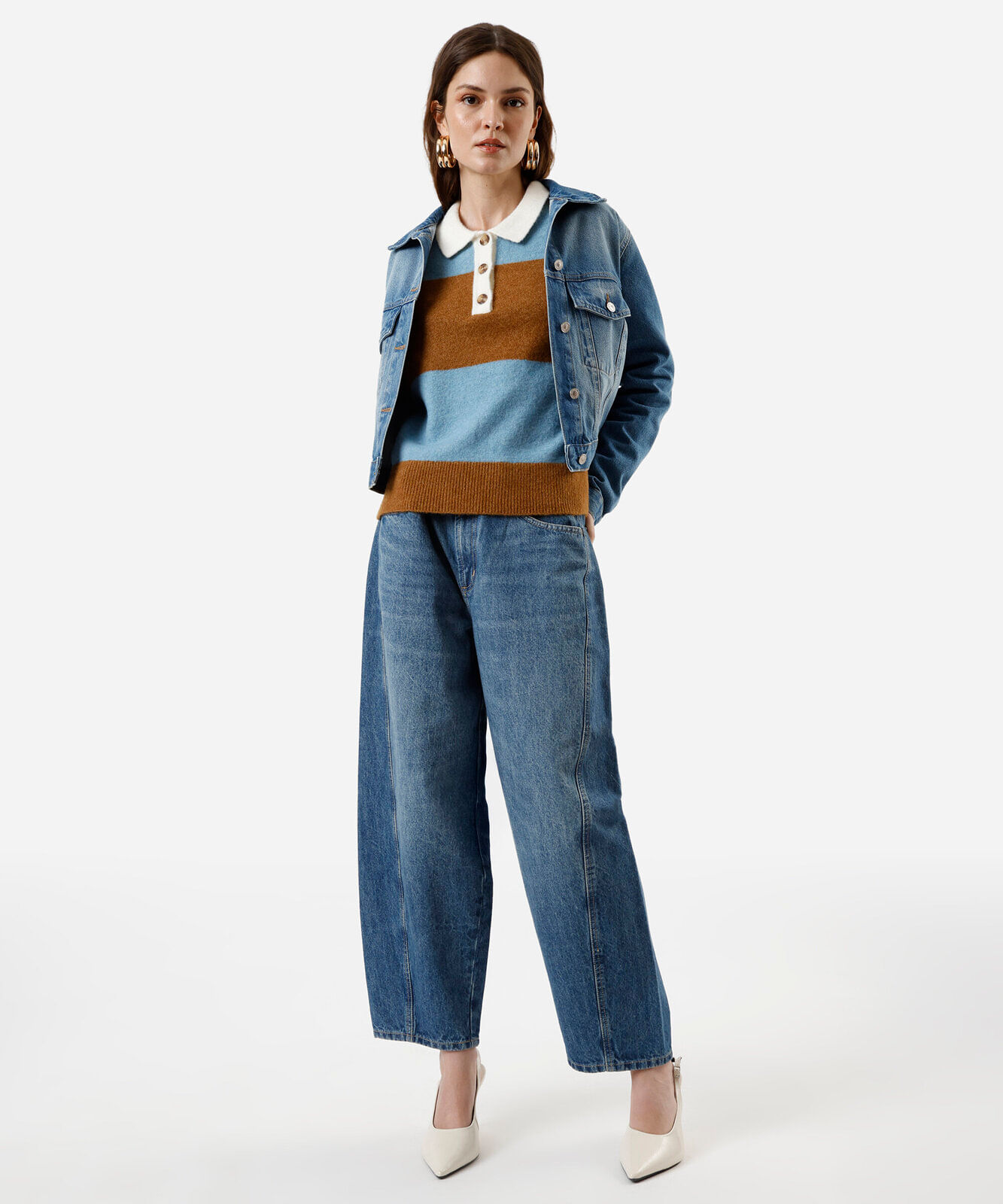 suéter feminino de tricot com gola manga longa listrado marrom