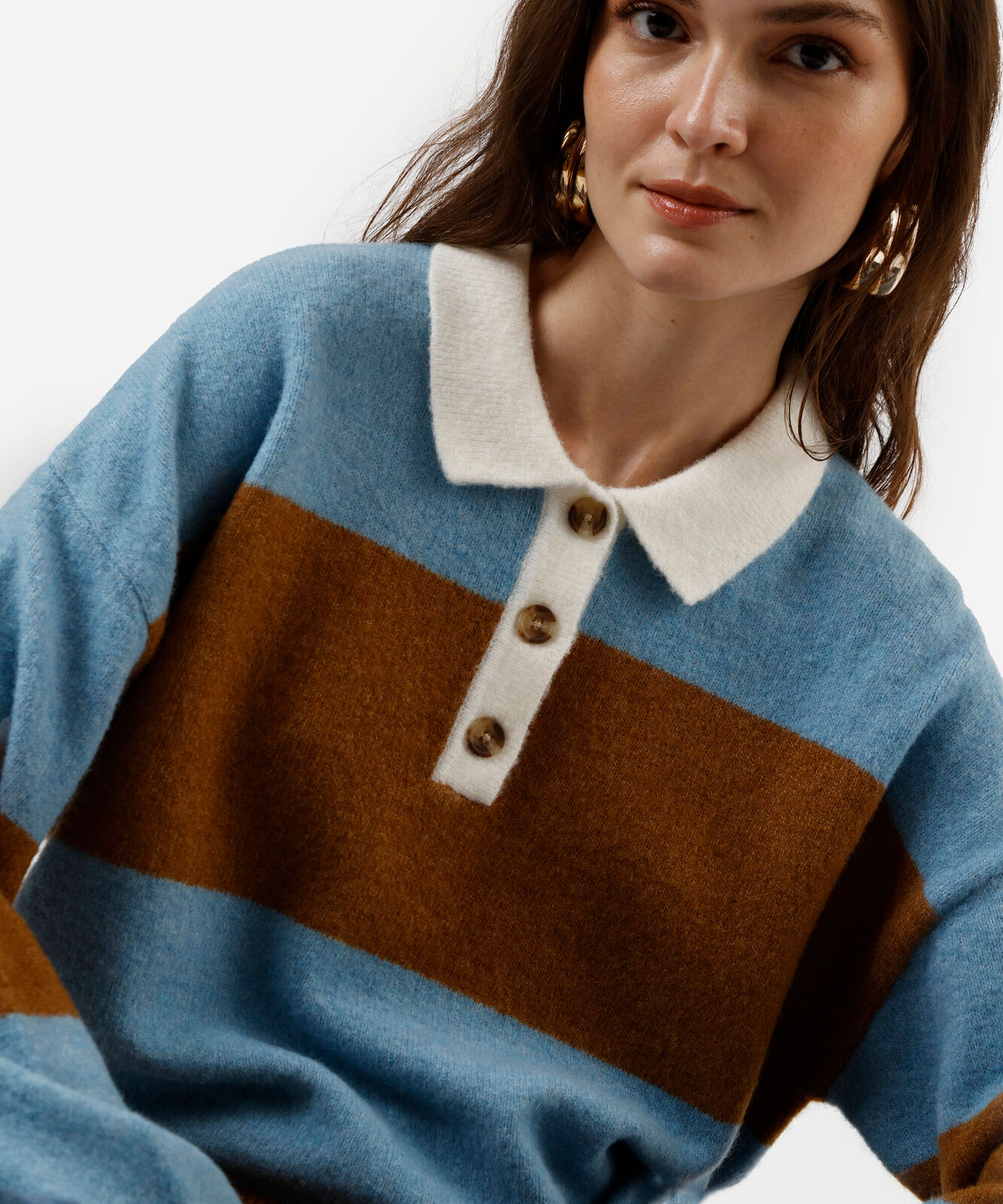 suéter feminino de tricot com gola manga longa listrado marrom