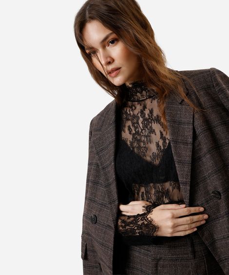 blusa feminina de renda gola alta floral preta