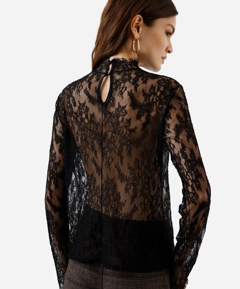 blusa feminina de renda gola alta floral preta