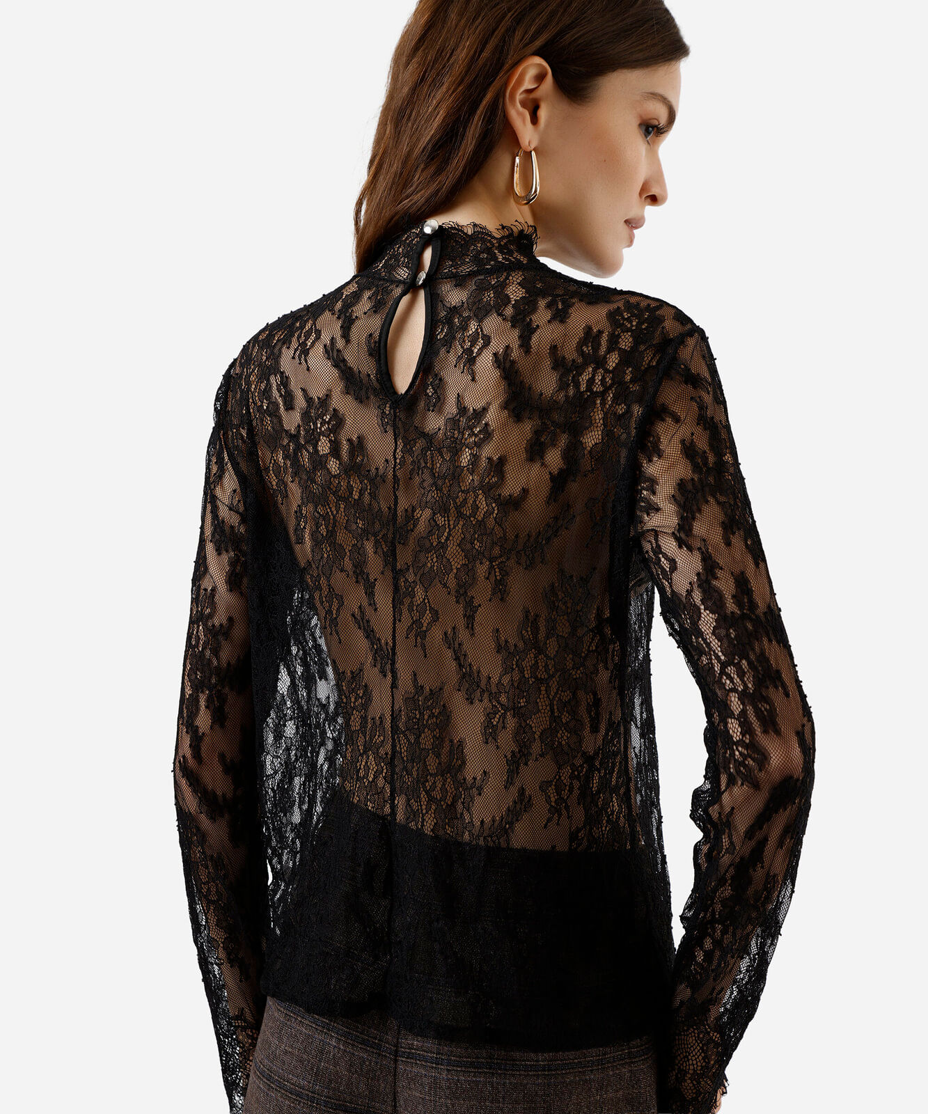 blusa feminina de renda gola alta floral preta