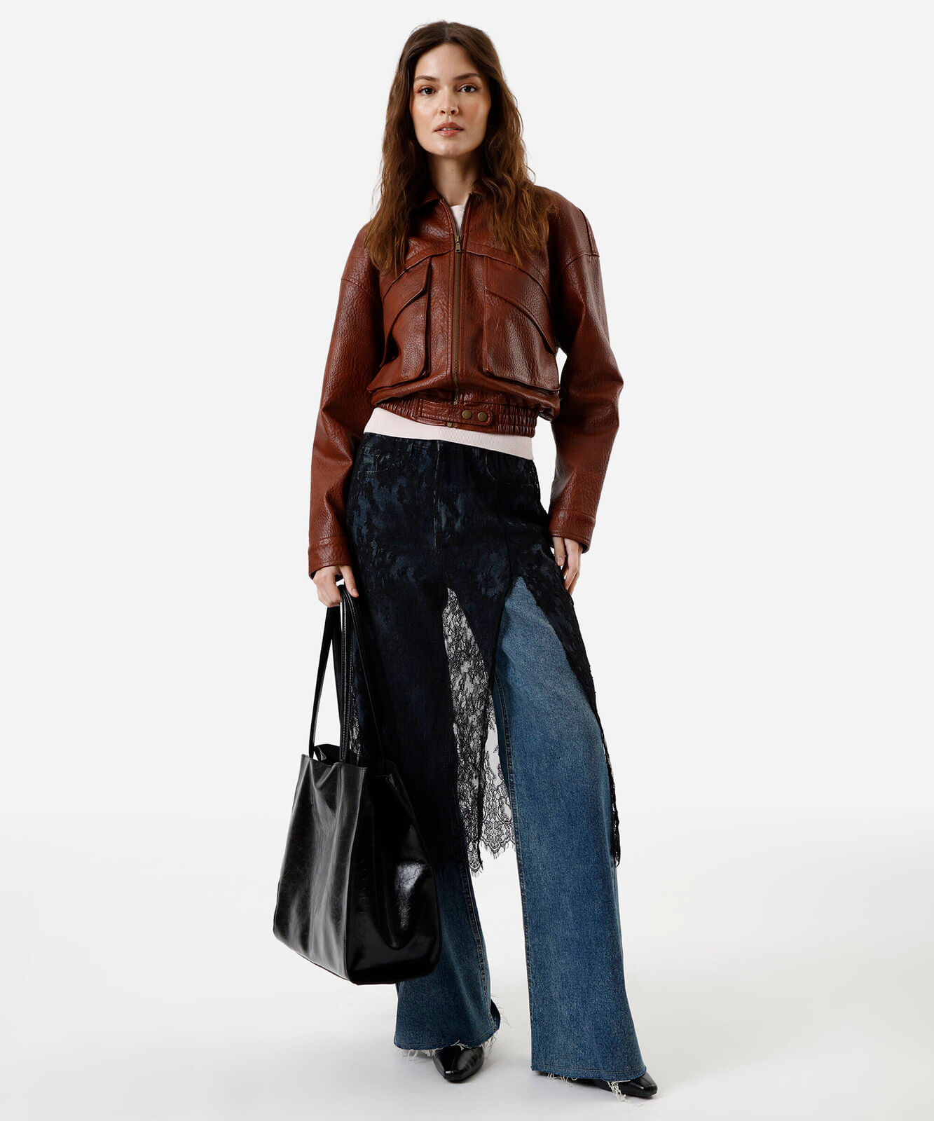 saia midi feminina de renda com fenda floral preta