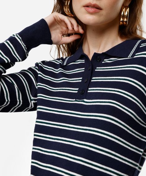 polo básica feminina de tricot manga longa listrada azul
