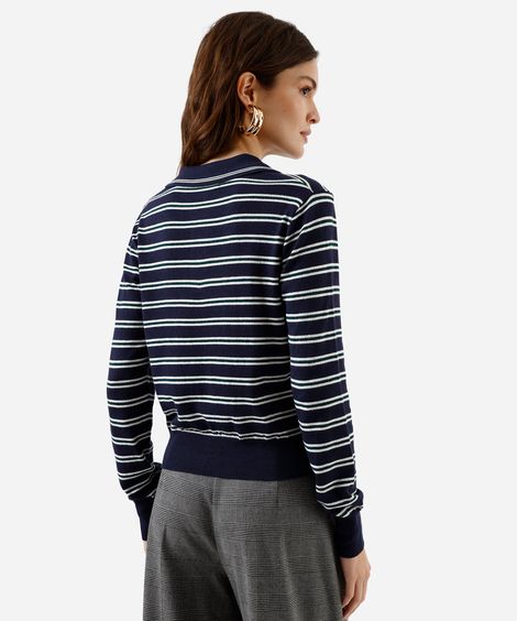 polo básica feminina de tricot manga longa listrada azul