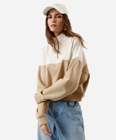 blusão feminino de moletom com recorte gola alta bege