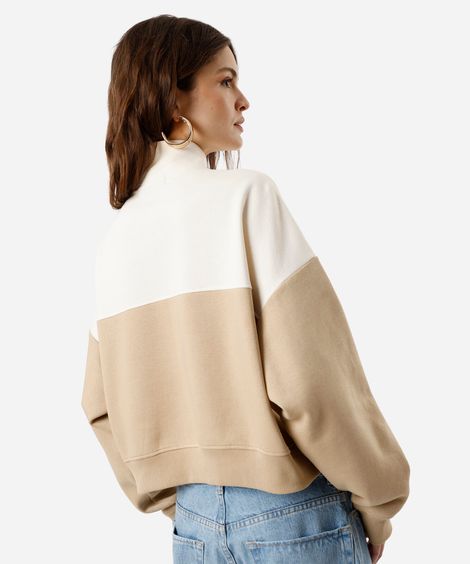 blusão feminino de moletom com recorte gola alta bege