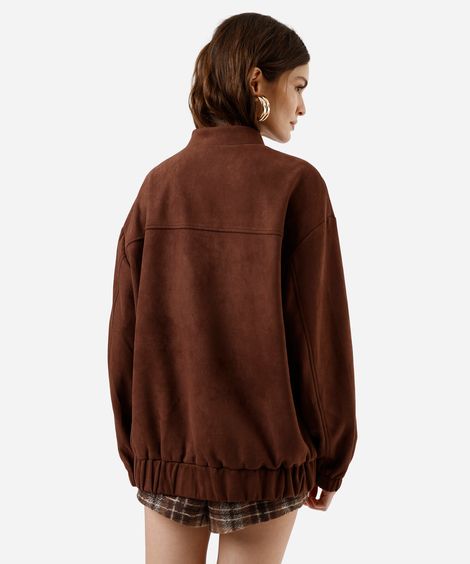 jaqueta feminina de suede com bolsos marrom