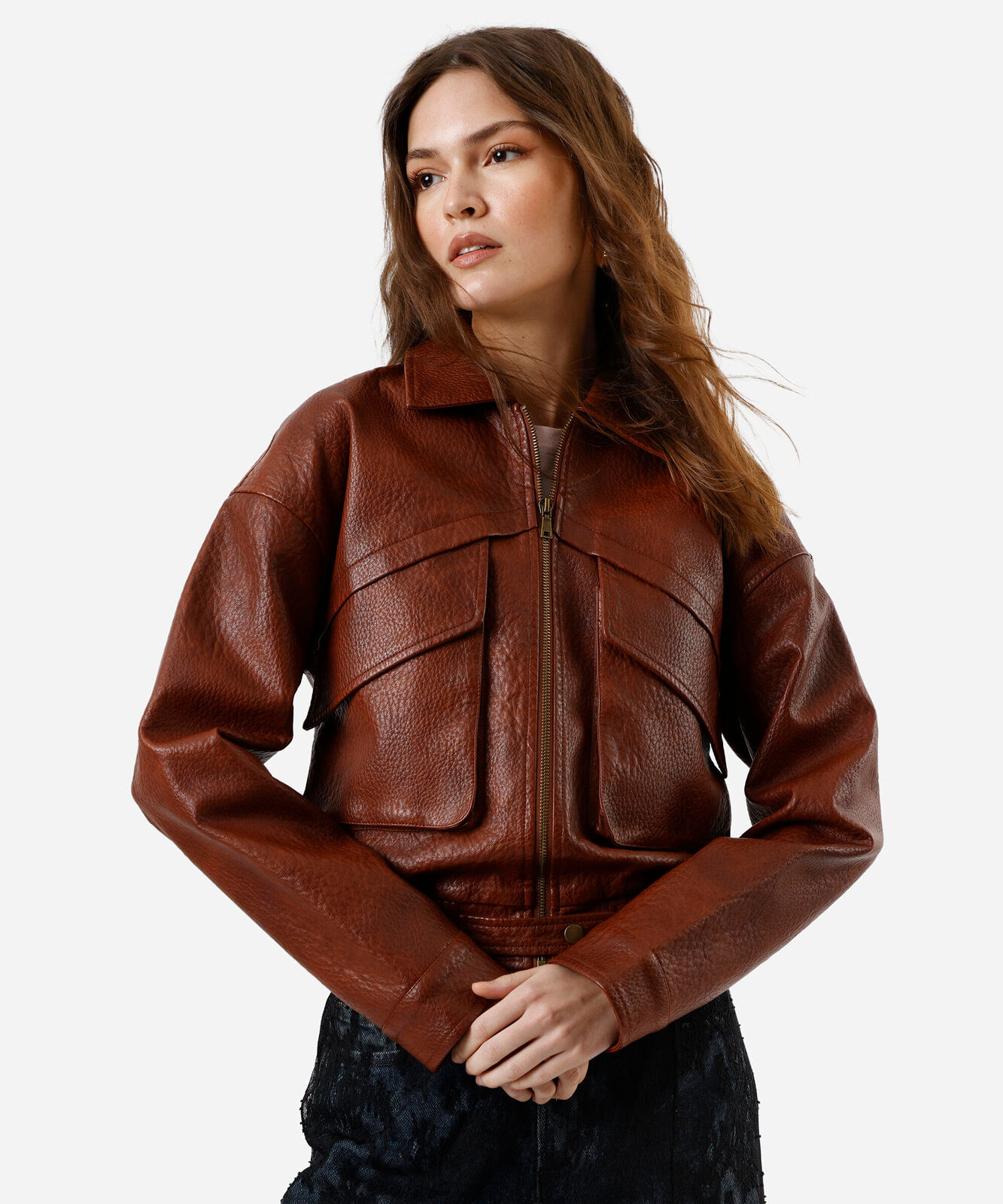 jaqueta bomber feminina de poliuretano marrom