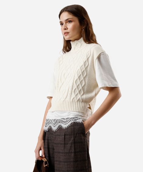 colete feminino de tricot gola alta texturizado  off white