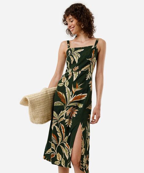 vestido midi feminino de viscose com fenda folhagens verde
