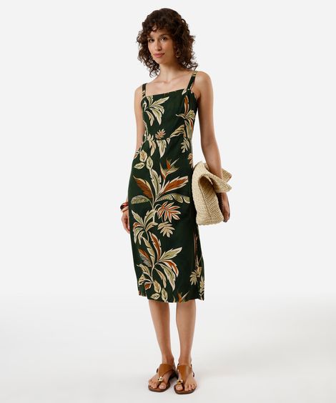 vestido midi feminino de viscose com fenda folhagens verde