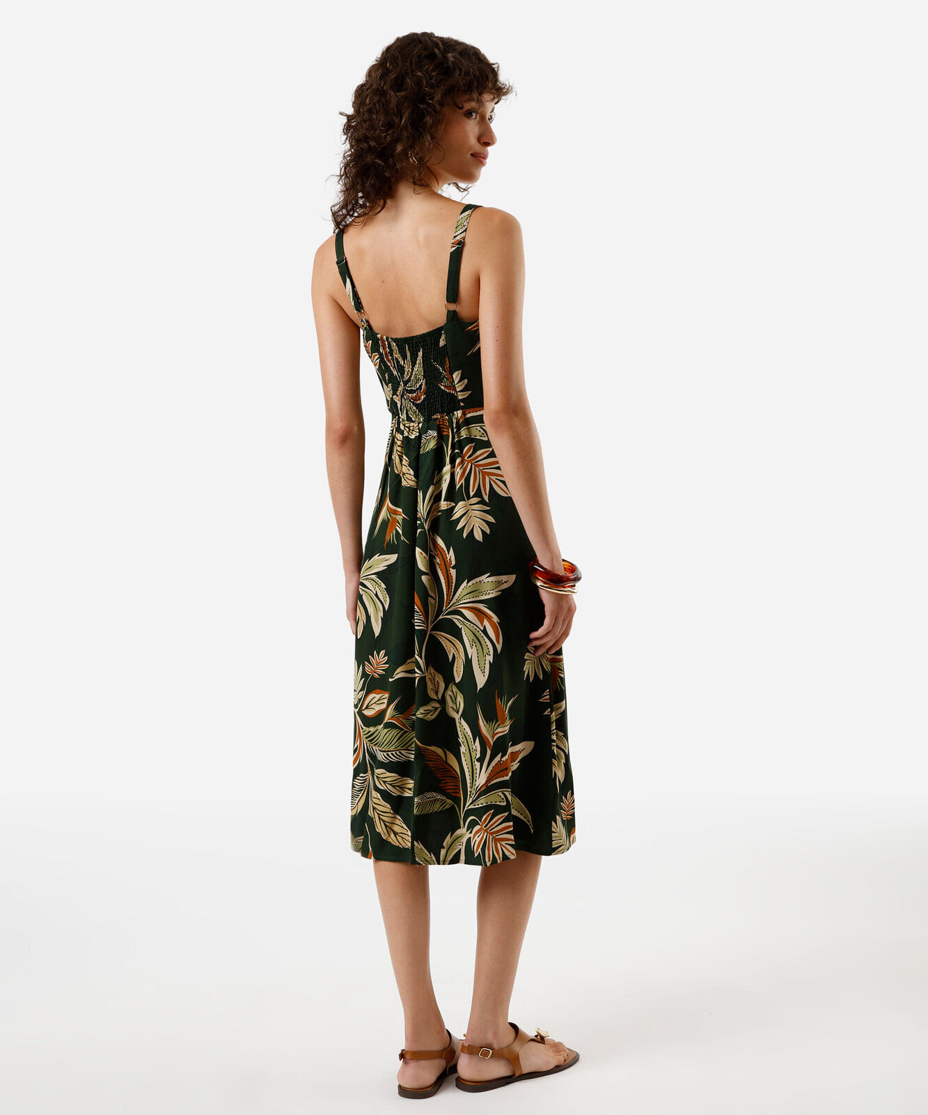 vestido midi feminino de viscose com fenda folhagens verde
