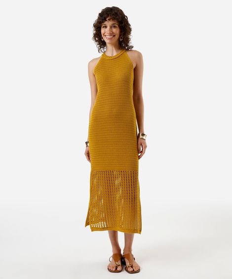 vestido midi feminino de tricot halterneck amarelo