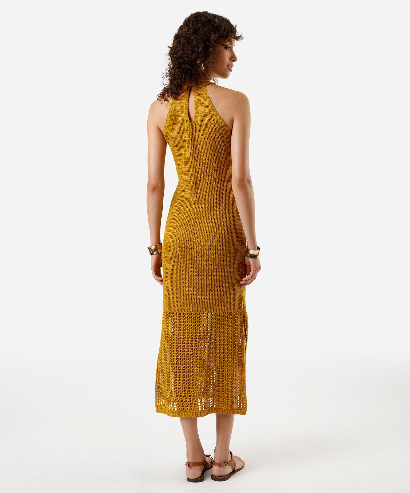 vestido midi feminino de tricot halterneck amarelo