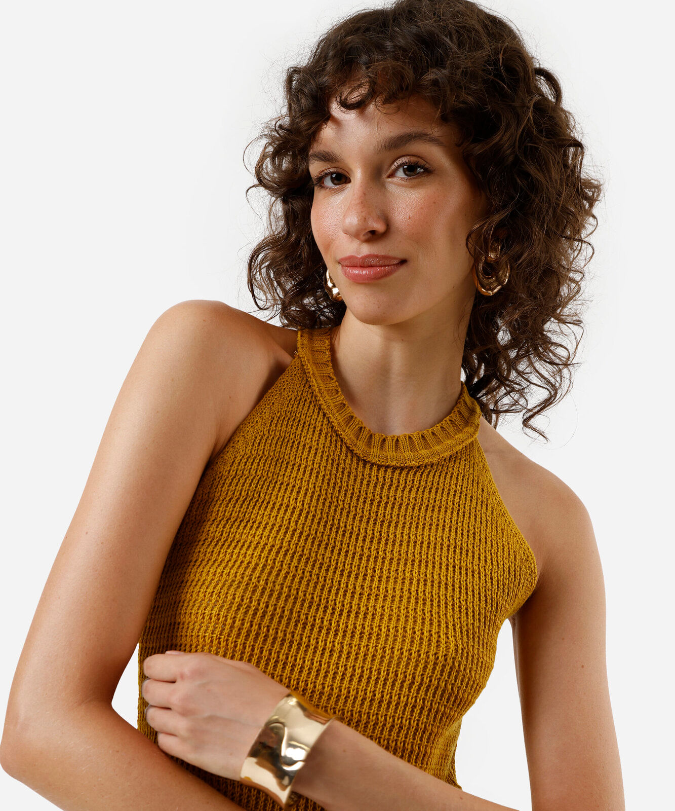 vestido midi feminino de tricot halterneck amarelo