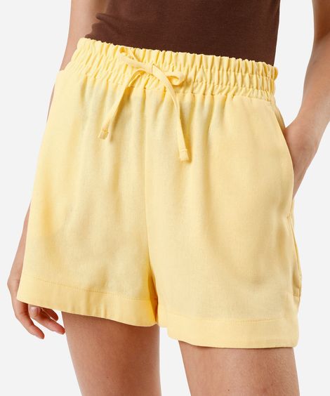 short feminino com linho cós elástico amarelo