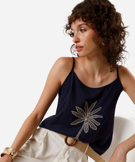 blusa alça fina feminina de viscose bordada azul